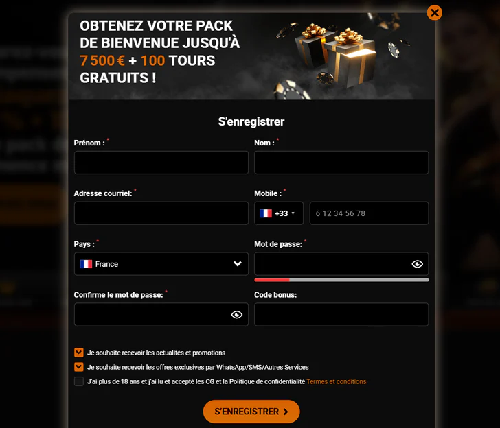 Casino Intense formulaire d’inscription avec offre de bienvenue jusqu’à 7 500 € et 100 tours gratuits, champs personnels, mot de passe, code bonus et bouton S’enregistrer